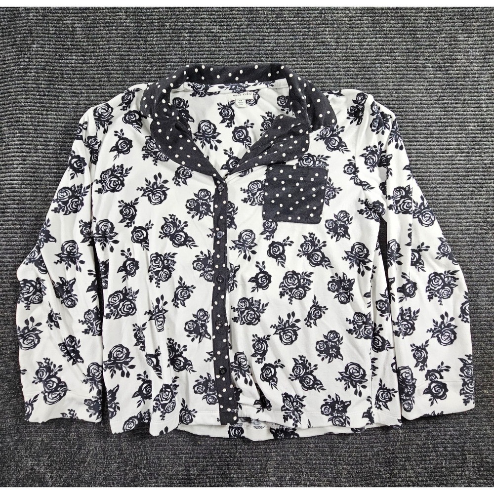 Anne Klein Womens M White Black Floral Dot Long Sleeve Button Up Blouse M927345